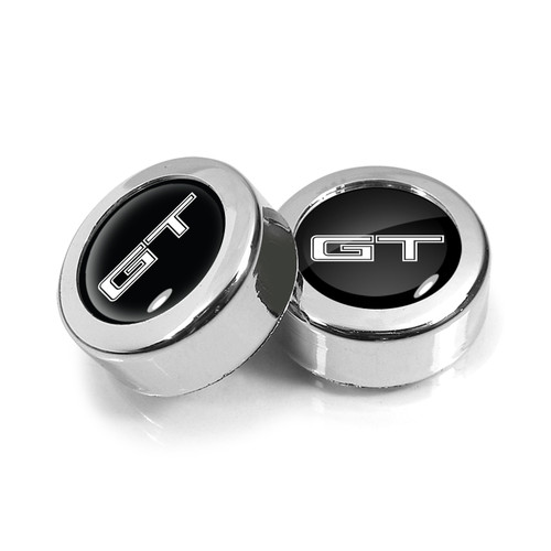 Ford Mustang GT in Black on Chrome two ABS Plastic License Plate Frame Screw Cover Set