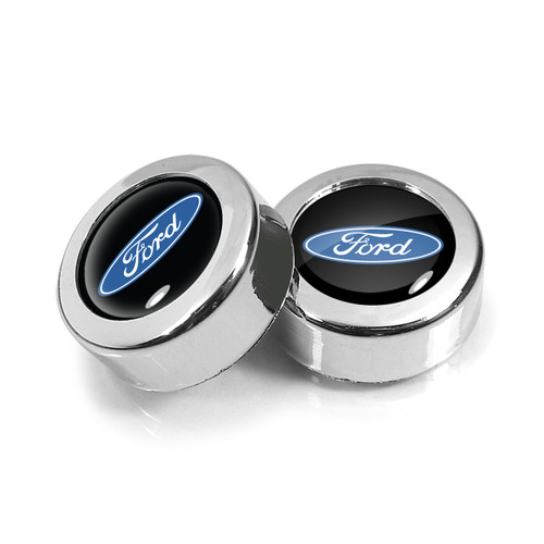 Ford Logo in Black on Chrome two ABS Plastic License Plate Frame Screw Cover Set