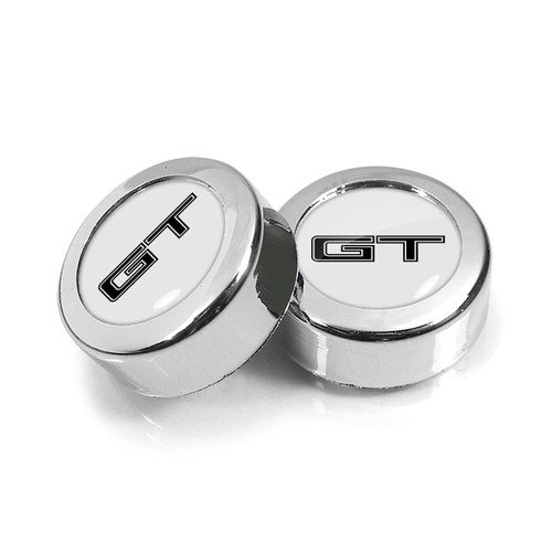 Ford Mustang GT in White on Chrome two ABS Plastic License Plate Frame Screw Cover Set