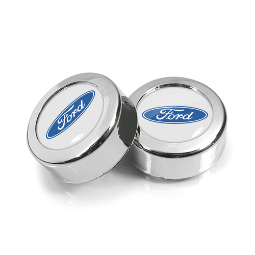 Ford Logo in White on Chrome two ABS Plastic License Plate Frame Screw Cover Set