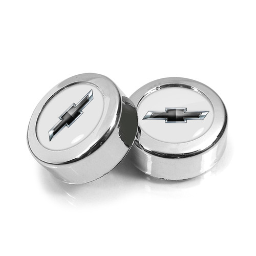 Chevrolet Black Logo in White on Chrome two ABS Plastic License Plate Frame Screw Cover Set