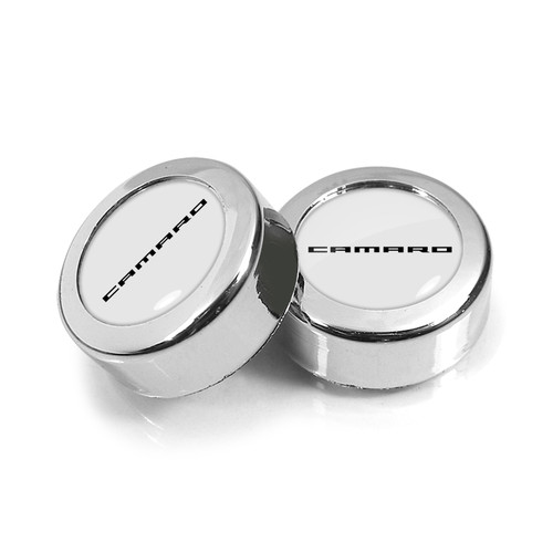 Chevrolet Camaro in White on Chrome two ABS Plastic License Plate Frame Screw Cover Set