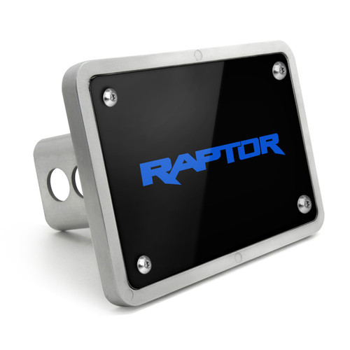 Ford F-150 Raptor in Blue UV Graphic Black Plate Billet Aluminum 2 x 2 inch Plug Tow Hitch Cover