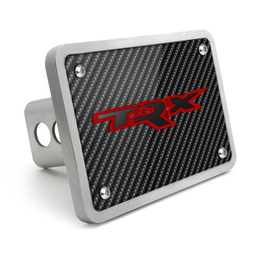 RAM 1500 TRX in Red 3D Logo on Carbon Fiber Look Rectangular Brushed Silver Billet Aluminum 2 inch Tow Hitch Cover
