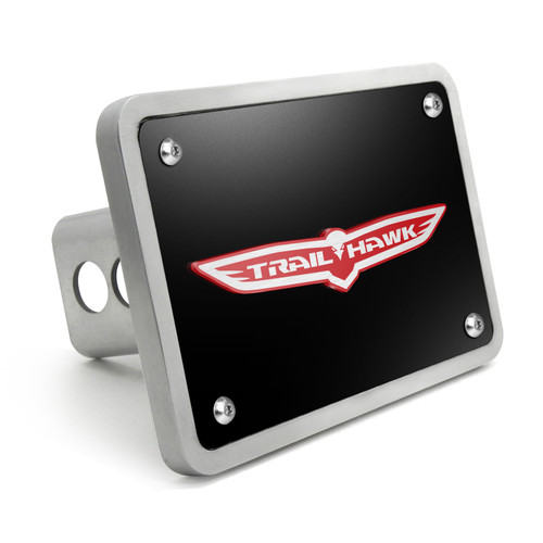 Jeep Trailhawk 3D Logo on Black Plate Rectangular Brushed Silver Billet Aluminum 2 inch Tow Hitch Cover