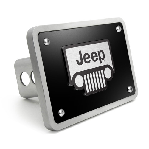 Jeep Grill 3D Logo on Black Plate Rectangular Brushed Silver Billet Aluminum 2 inch Tow Hitch Cover