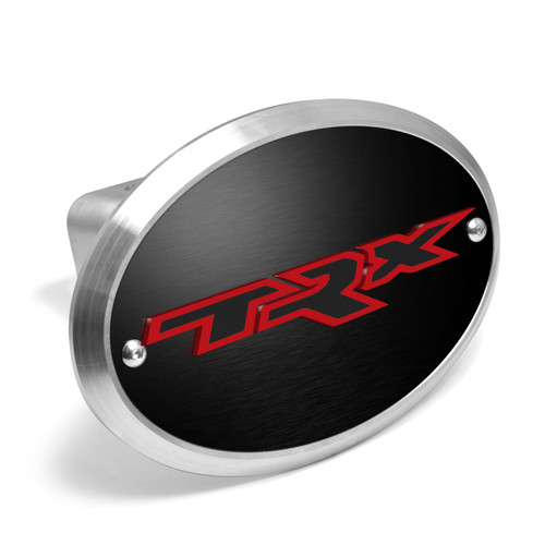 RAM 1500 TRX in Red 3D Logo on Black Plate Oval Brushed Silver Billet Aluminum 2 inch Tow Hitch Cover