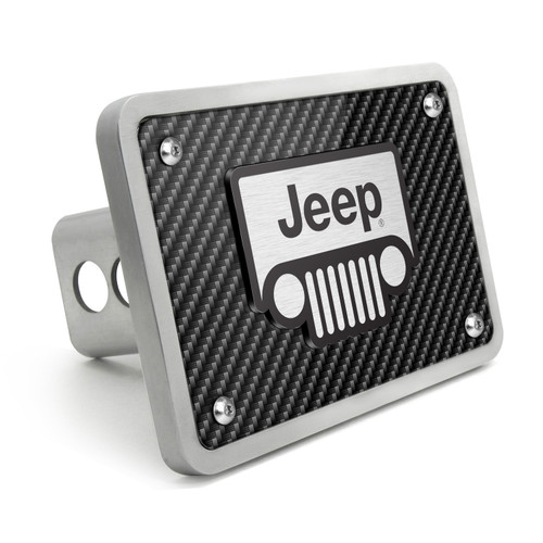 Jeep Grill 3D Logo on Carbon Fiber Look Rectangular Brushed Silver Billet Aluminum 2 inch Tow Hitch Cover