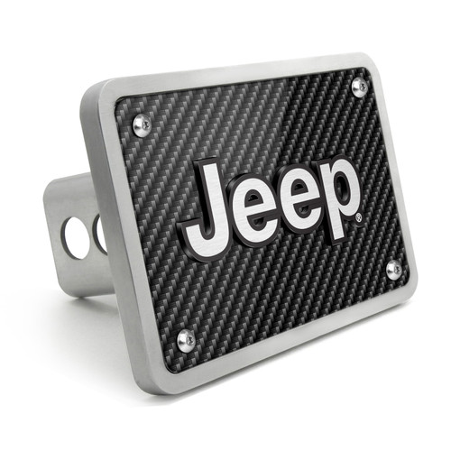 Jeep 3D Logo on Carbon Fiber Look Rectangular Brushed Silver Billet Aluminum 2 inch Tow Hitch Cover