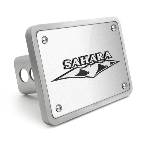Jeep Sahara 3D Logo on Rectangular Brushed Silver Billet Aluminum 2 inch Tow Hitch Cover