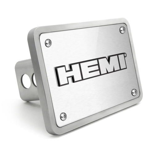 HEMI 3D Logo on Rectangular Brushed Silver Billet Aluminum 2 inch Tow Hitch Cover