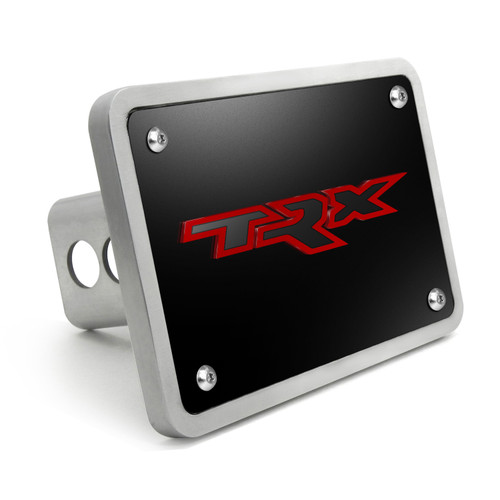 RAM 1500 TRX in Red 3D Logo on Black Plate Rectangular Brushed Silver Billet Aluminum 2 inch Tow Hitch Cover