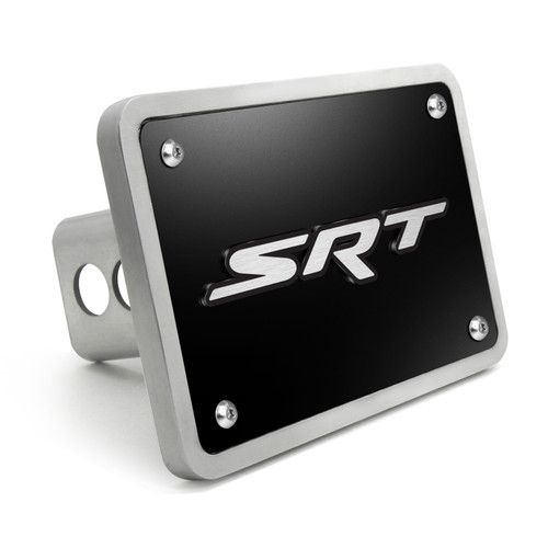 Dodge RAM SRT 3D Logo on Black Plate Rectangular Brushed Silver Billet Aluminum 2 inch Tow Hitch Cover