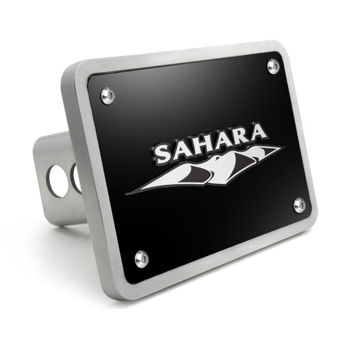 Jeep Sahara 3D Logo on Black Plate Rectangular Brushed Silver Billet Aluminum 2 inch Tow Hitch Cover