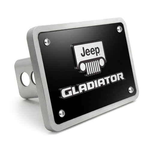 Jeep Gladiator 3D Logo on Black Plate Rectangular Brushed Silver Billet Aluminum 2 inch Tow Hitch Cover