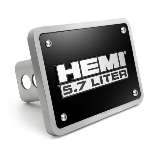 HEMI 5.7 Liter 3D Logo on Black Plate Rectangular Brushed Silver Billet Aluminum 2 inch Tow Hitch Cover