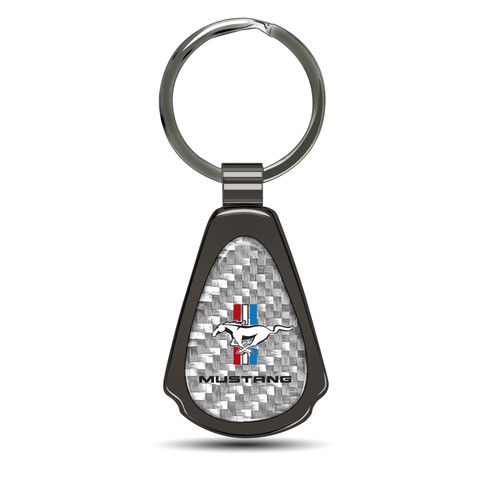 Ford Mustang Tri-Bar Silver Genuine Carbon Fiber Black Metal Teardrop Key Chain