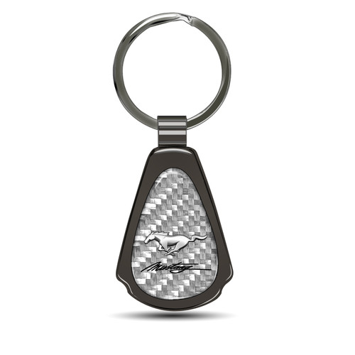 Ford Mustang Script Silver Genuine Carbon Fiber Black Metal Teardrop Key Chain