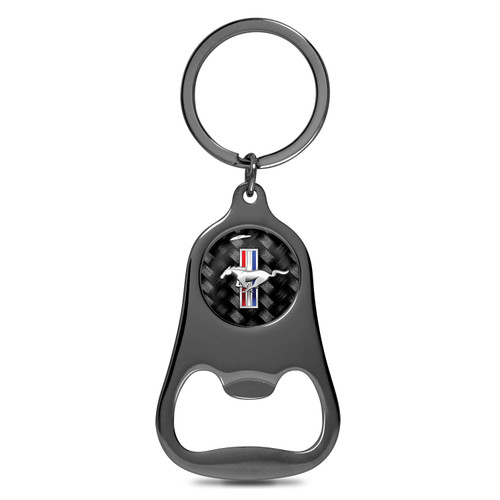 Ford Mustang Tri-Bar Logo Carbon Fiber Flat Bottle Opener Black Metal Key Chain
