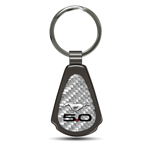 Ford Mustang 5.0 Silver Genuine Carbon Fiber Black Metal Teardrop Key Chain