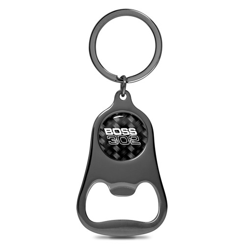 Ford Mustang Boss 302 Logo Carbon Fiber Flat Bottle Opener Black Metal Key Chain