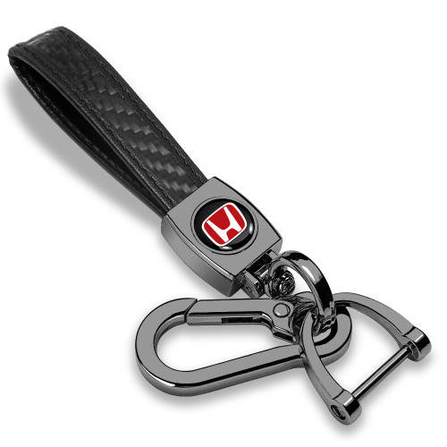 Honda Red Logo in Black Real Carbon Fiber Loop-Strap Gunmatal Hook Key Chain