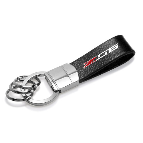 Chevrolet Corvette C7 Z06 Black Genuine Leather Strap Chrome Round Hook Metal Key Chain
