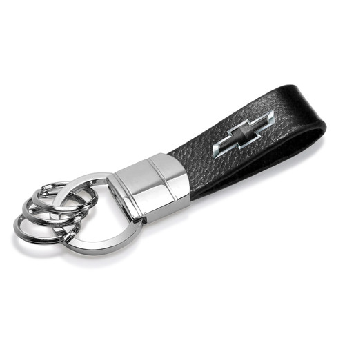 Chevrolet Black Logo Black Genuine Leather Strap Chrome Round Hook Metal Key Chain