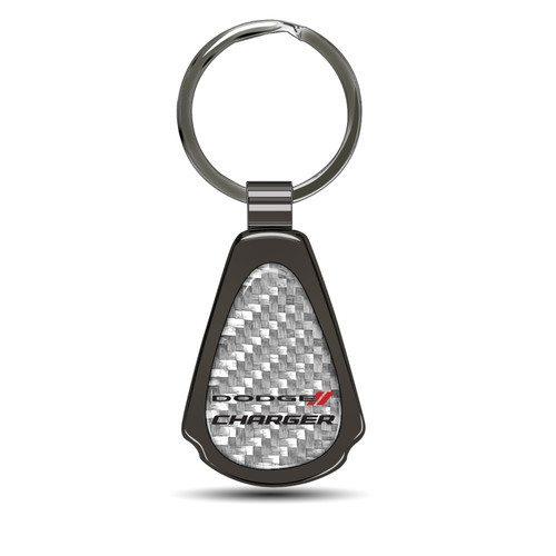 Dodge Charger Silver Genuine Carbon Fiber Black Metal Teardrop Key Chain