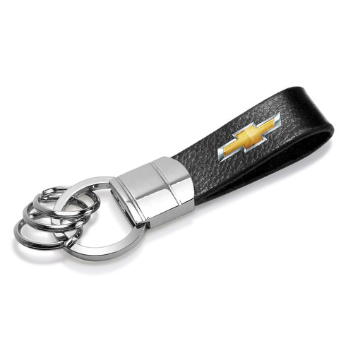 Chevrolet Golden Logo Black Genuine Leather Strap Chrome Round Hook Metal Key Chain