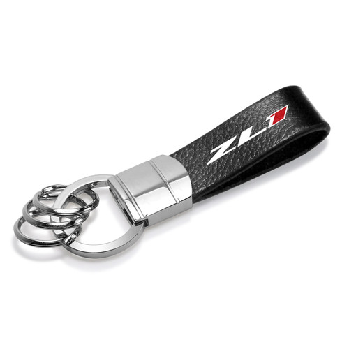 Chevrolet Camaro ZL1 Black Genuine Leather Strap Chrome Round Hook Metal Key Chain