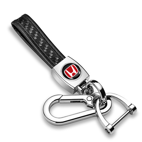 Honda Red Logo in Black Real Carbon Fiber Loop-Strap Chrome Hook Key Chain