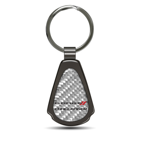 Dodge Challenger Silver Genuine Carbon Fiber Black Metal Teardrop Key Chain