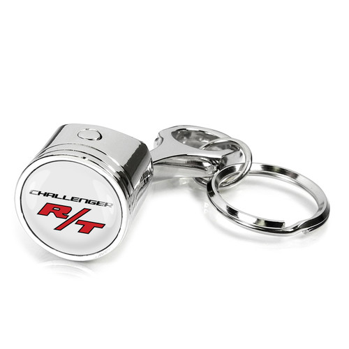 Dodge Challenger R/T Logo in White Chrome Finish Engine Piston and Rod Metal Key Chain