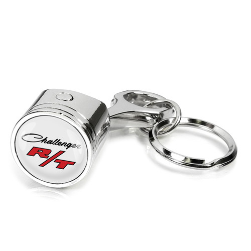 Dodge Challenger R/T Classic Logo in White Chrome Finish Engine Piston and Rod Metal Key Chain
