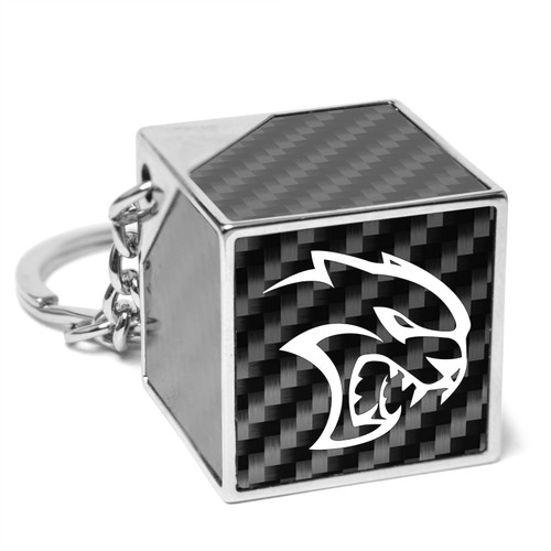 Dodge SRT Hellcat Logo Black Real Carbon Fiber Custom Designed Cube Block Style Metal Key Chain