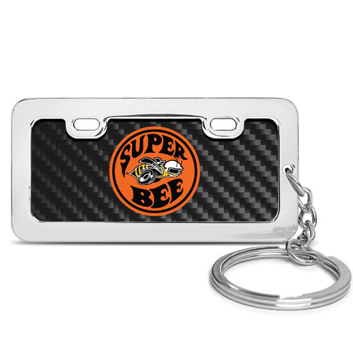 Dodge Super-Bee Black Real Carbon Fiber Mini Chrome Metal License Frame Style Key Chain