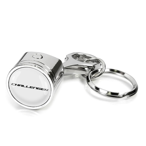 Dodge Challenger Logo in White Chrome Finish Engine Piston and Rod Metal Key Chain