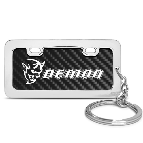 Dodge Demon Black Real Carbon Fiber Mini Chrome Metal License Frame Style Key Chain