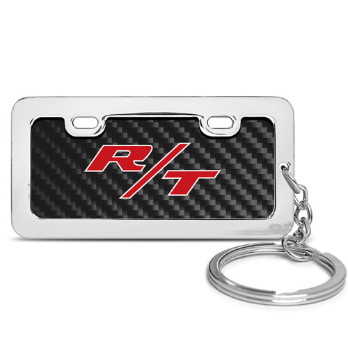 Dodge R/T Logo Black Real Carbon Fiber Mini Chrome Metal License Frame Style Key Chain