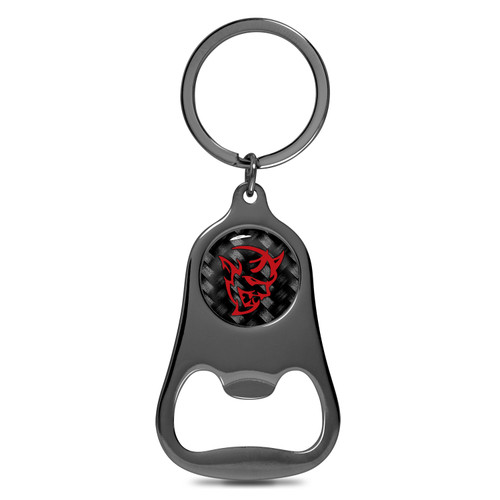 Dodge Demon in Red Logo Carbon Fiber Flat Bottle Opener Black Metal Key Chain