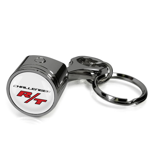 Dodge Challenger R/T Logo in White on Black Engine Piston and Rod Metal Key Chain