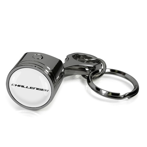 Dodge Challenger Logo in White on Black Chrome Engine Piston and Rod Metal Key Chain
