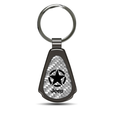 Jeep Willys Star Silver Genuine Carbon Fiber Black Metal Teardrop Key Chain