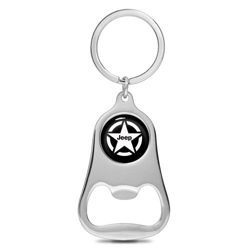 Jeep Willys Star Black Logo Chrome Finish Flat Bottle Opener Metal Key Chain