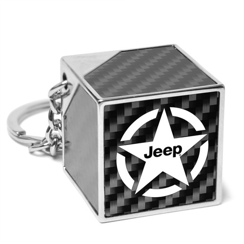 Jeep Willys Star Logo Black Real Carbon Fiber Custom Designed Cube Block Style Metal Key Chain