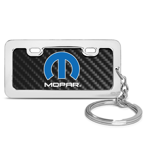 Mopar Black Real Carbon Fiber Mini Chrome Metal License Frame Style Key Chain Jeep