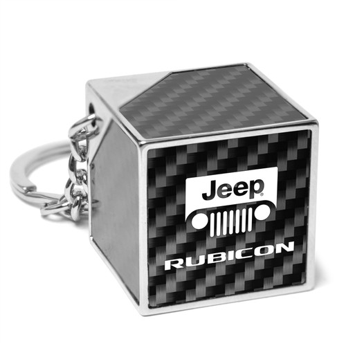 Jeep Rubicon Wrangler Logo Black Real Carbon Fiber Custom Designed Cube Block Style Metal Key Chain