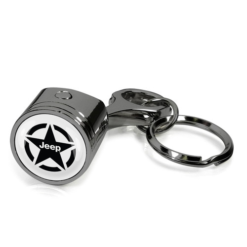 Jeep Willys Star Logo in White on Black Engine Piston and Rod Metal Key Chain
