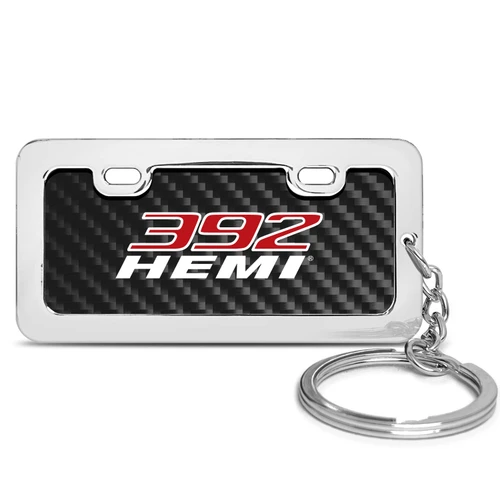 HEMI 392 Black Real Carbon Fiber Mini Chrome Metal License Frame Style Key Chain